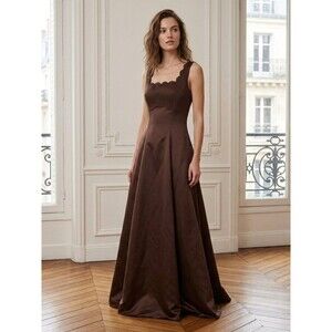 Cache Chocolate Brown Satin Scalloped Neckline Maxi Dress size 8